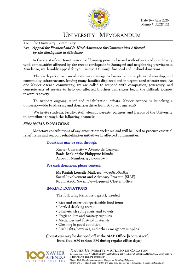 06172026.Web.MemoU U2627 011 20260616 Appeal for Financial and In Kind Assistance for Communities Affected by the Earthquake in Mindanao page 0001