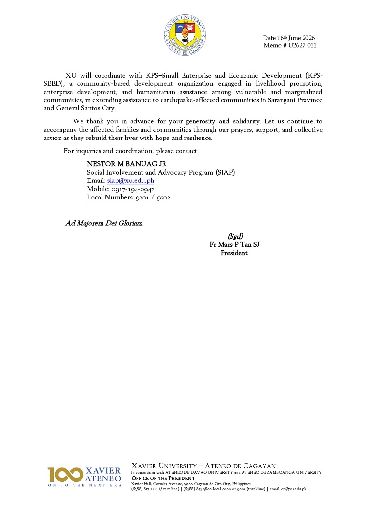 06172026.Web.MemoU U2627 011 20260616 Appeal for Financial and In Kind Assistance for Communities Affected by the Earthquake in Mindanao page 0002