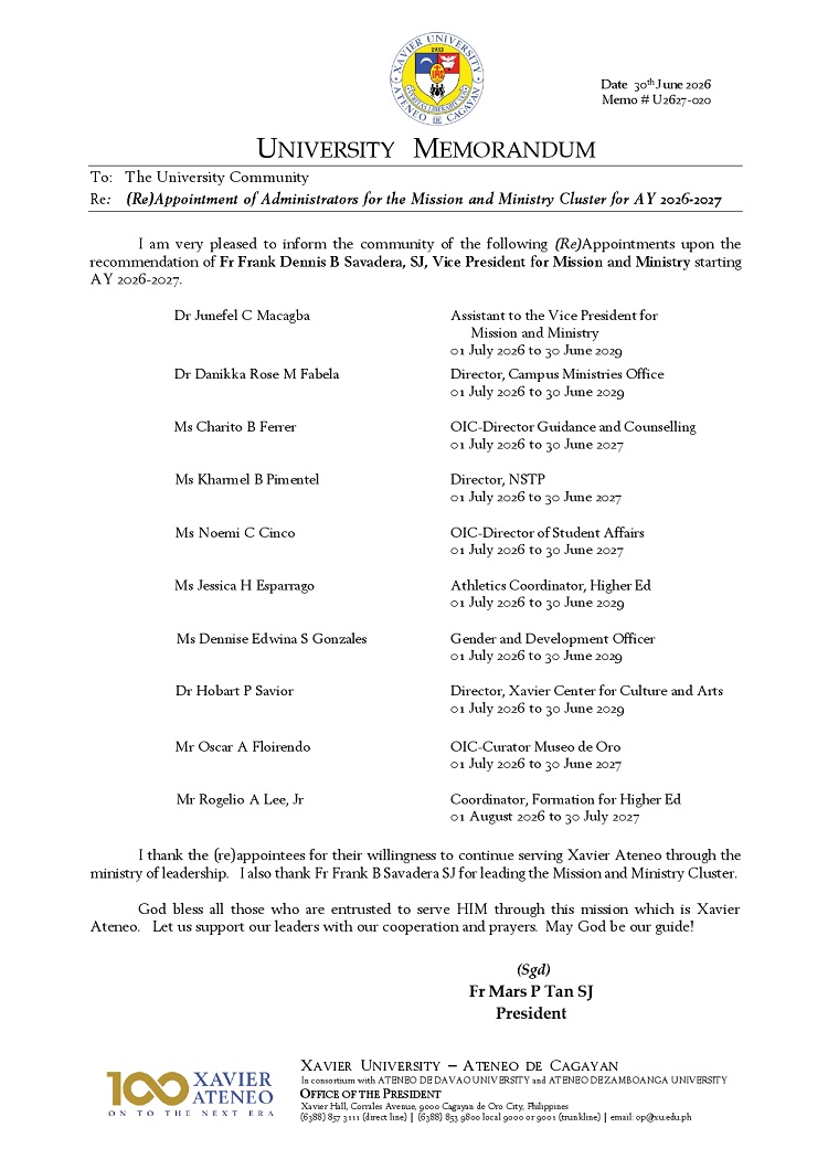 06302026.Wen.MemoU U2627 020 20260630 ReAppointment of Mission and Ministry Cluster for AY 2026 2027 page 0001