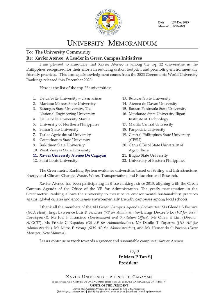 12212023.MemoU Web.U2324 049 Xavier Ateneo A Leader in Green Initiatives Among the Top 22 Phil Universities V1 1