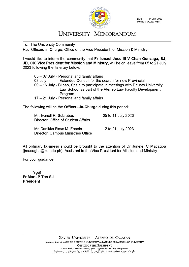 MemoWeb1.U2223 088 230704 OICs Office of the Vice President for Mission Ministry page 0001