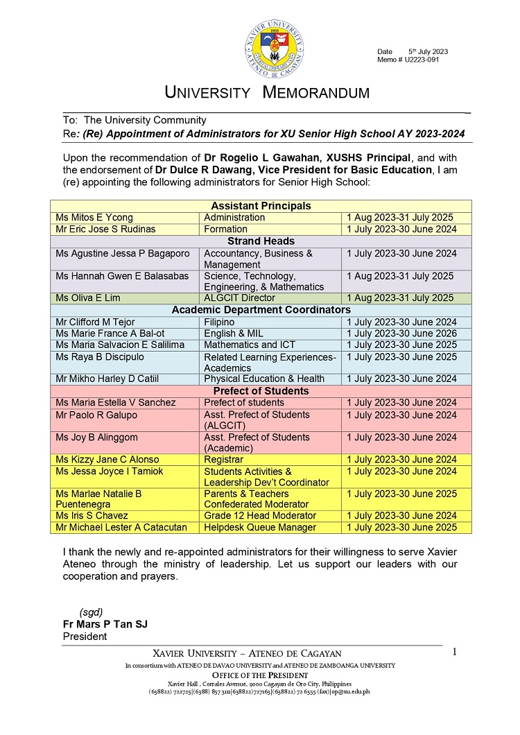 MemoWeb1.U2223 091 230705 ReAppointment of SHS Administrators AY 2023 2024 page 0001