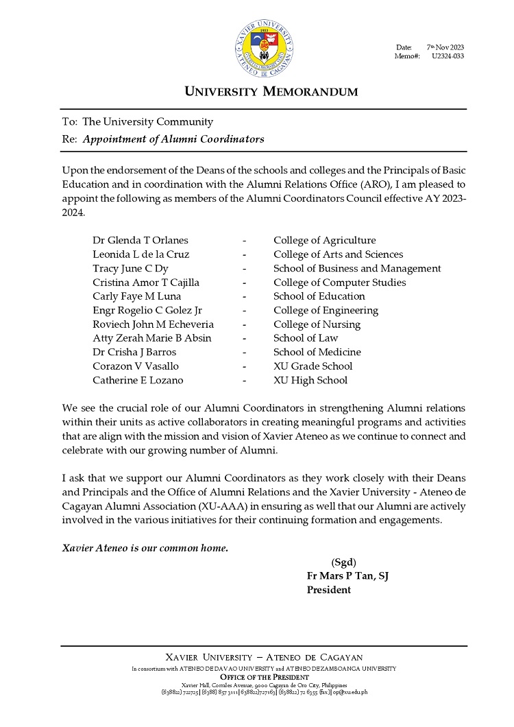 11082023.MemoU Web.U2324 033 Appointment on the Members of Alumni Coordinators Council