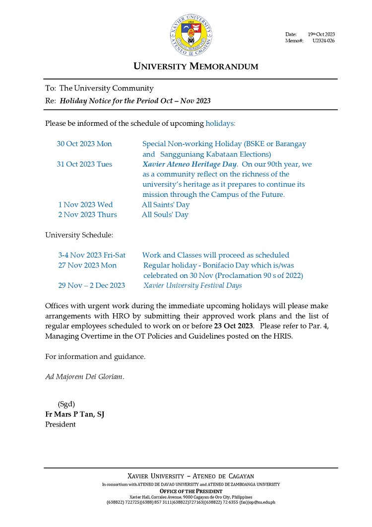 10192023.MemoU Web.U2324 026 Holiday Notice for the Period Oct Nov 2023
