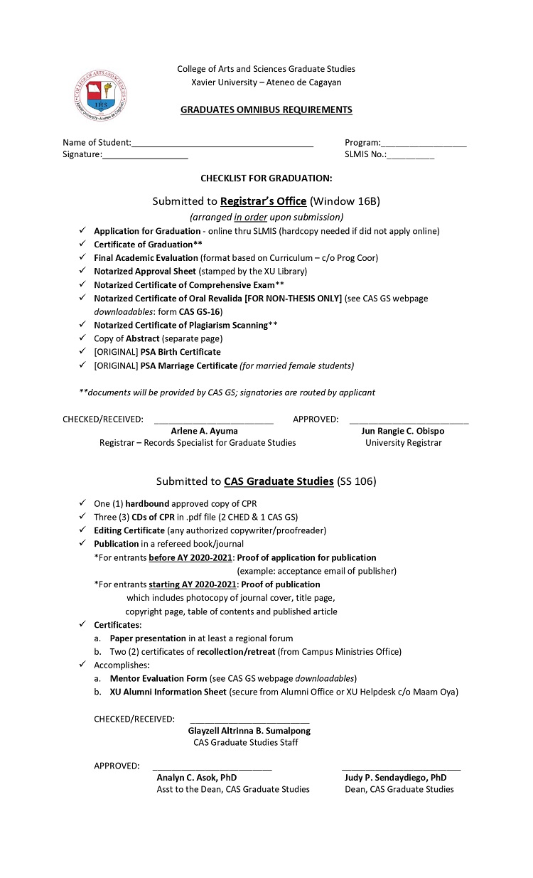 09092025.Web CAS GS Graduation Requirements 2025 Graduate Admissions College of Arts and Sciences Xavier University