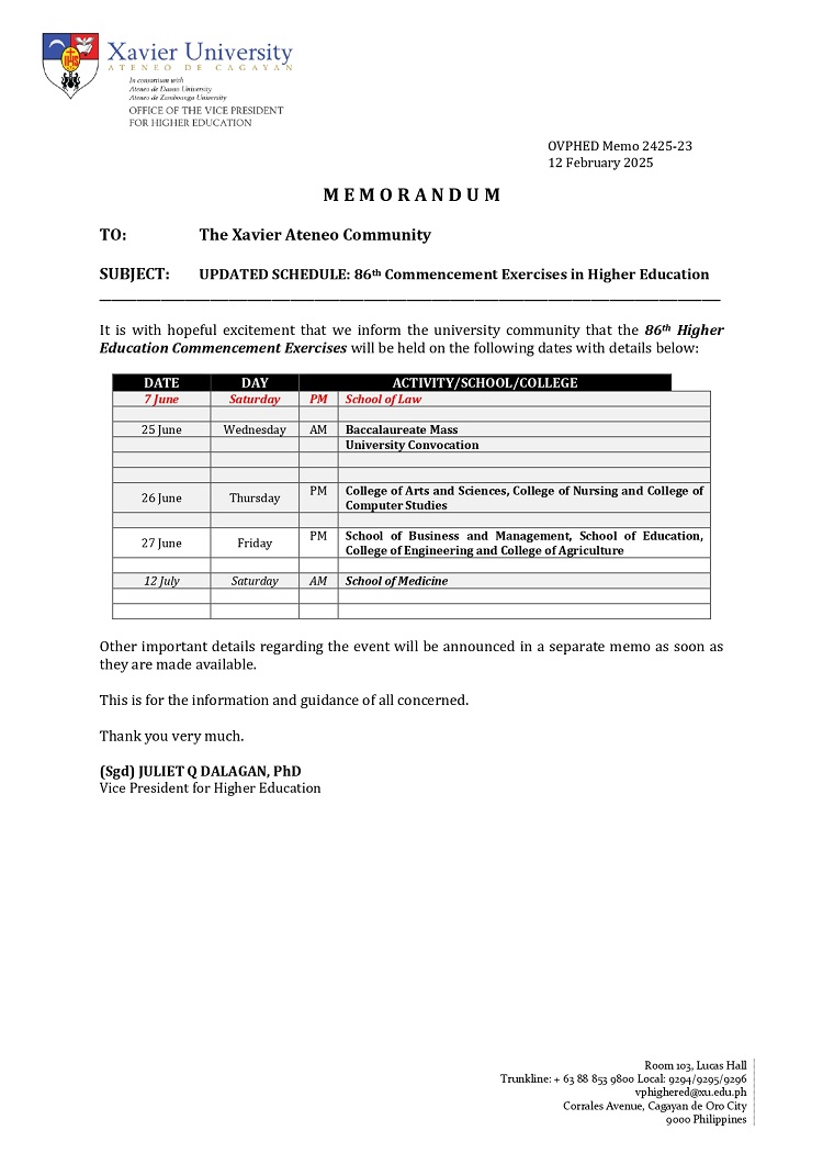 04112025.Web OVPHED Memo 2425 23 schedule of 86th Commencement 2025 1