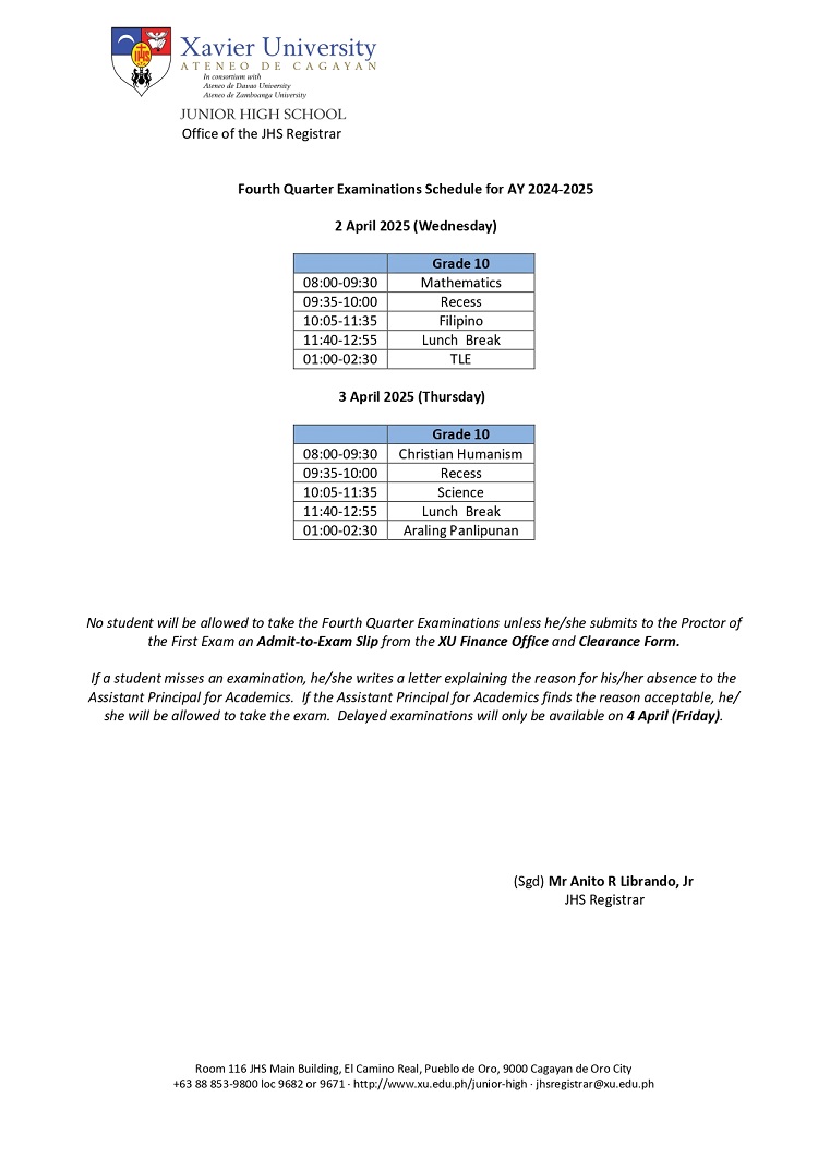 03252025.Web Xavier Ateneo JHS Examination Schedule 2024 25 Q4 UPDATED page 0001