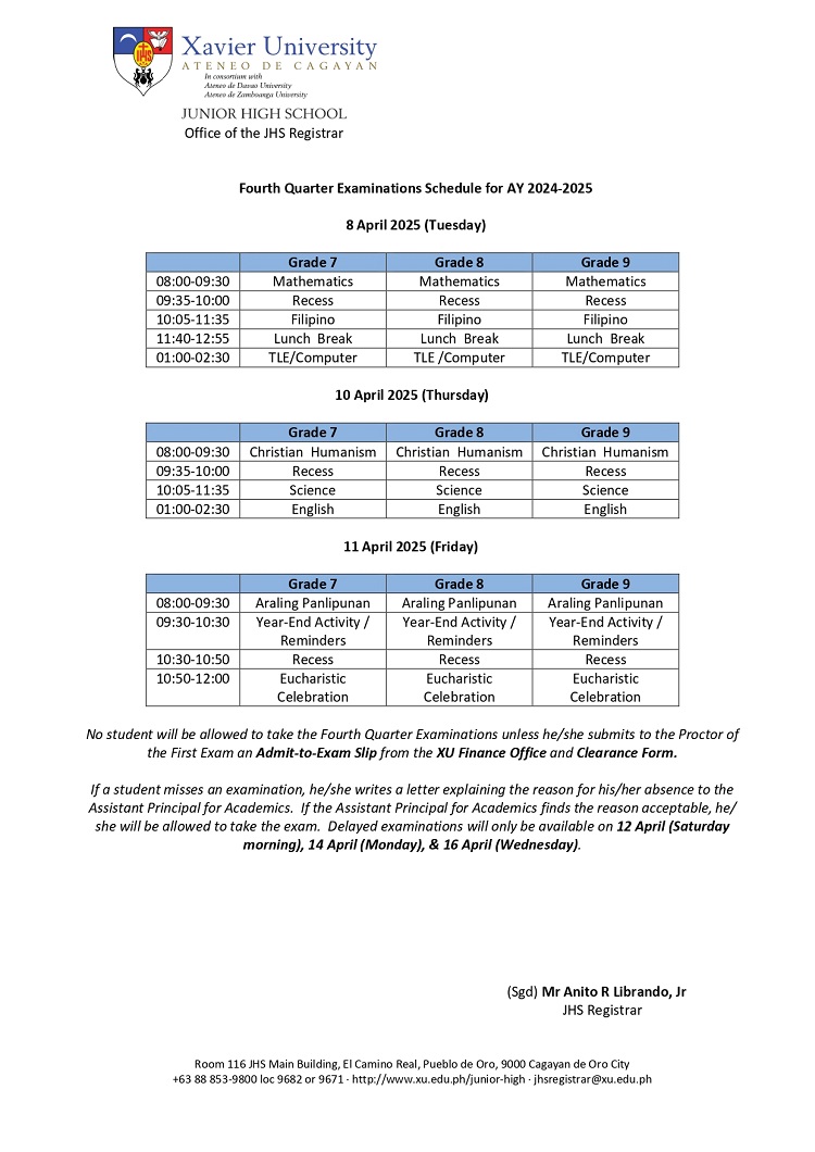03252025.Web Xavier Ateneo JHS Examination Schedule 2024 25 Q4 UPDATED page 0002