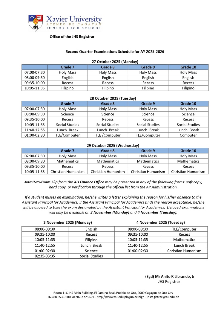10092025.Web Xavier Ateneo JHS Examination Schedule 2025 26 Q2 JHS Registrars Office Xavier University page 0001