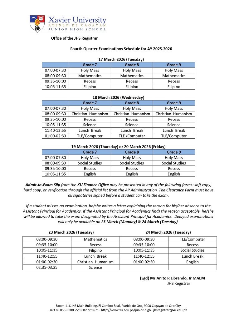 03032026.Web Xavier Ateneo JHS Examination Schedule 2025 26 Q4 JHS Registrars Office Xavier University page 0002