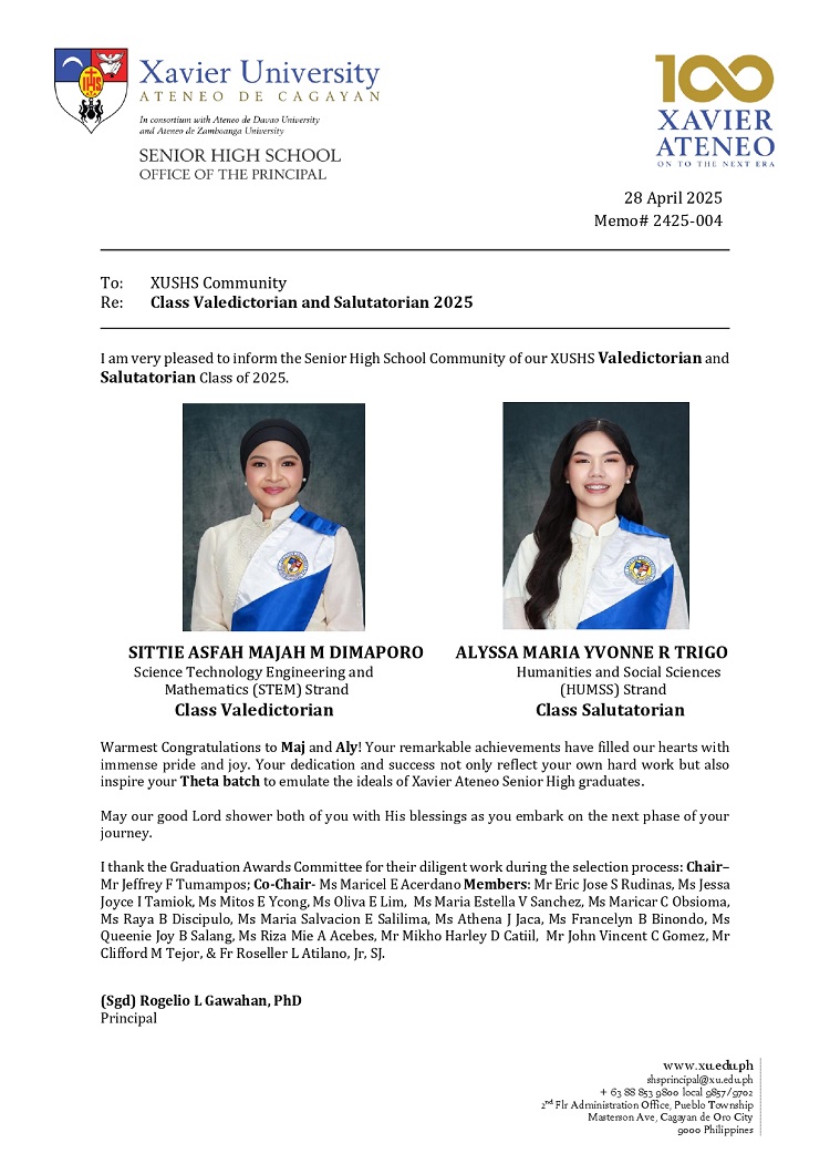 04292025.Web Memo 2425 004 Class Valedictorian and Salutatorian 2025 XUSHS 1