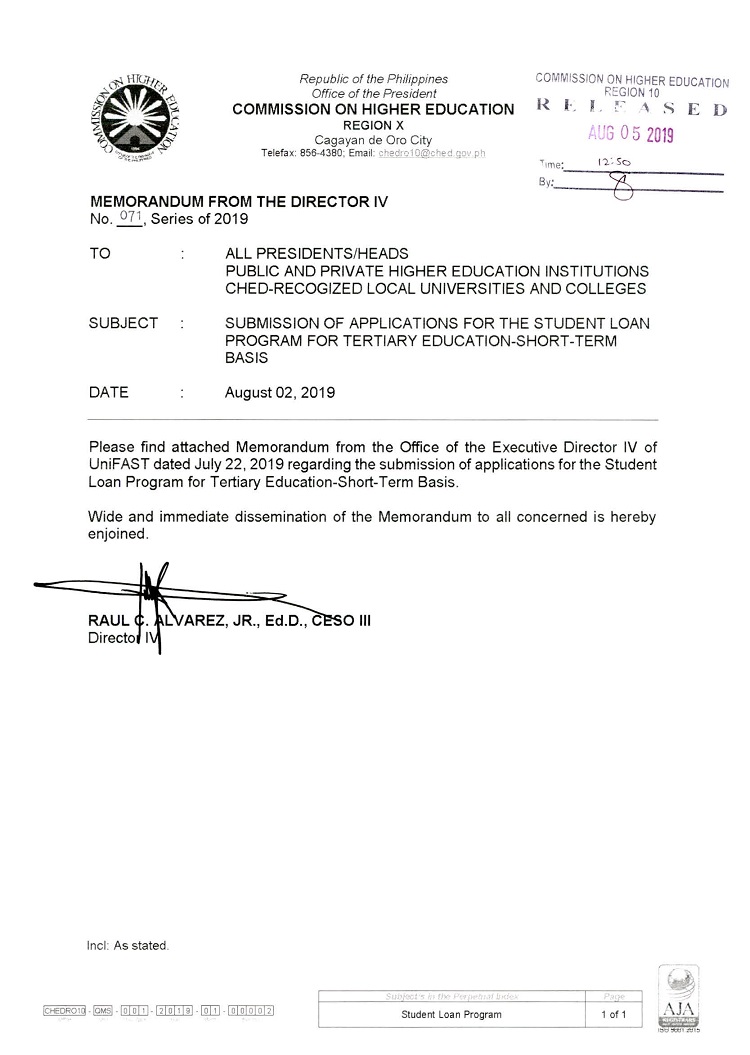 MEMO FROM THE DIRECTOR IV No. 071 s. 2019 SUBMISSION OF APPLICATIONS FOR THE SLPTE ST BASIS