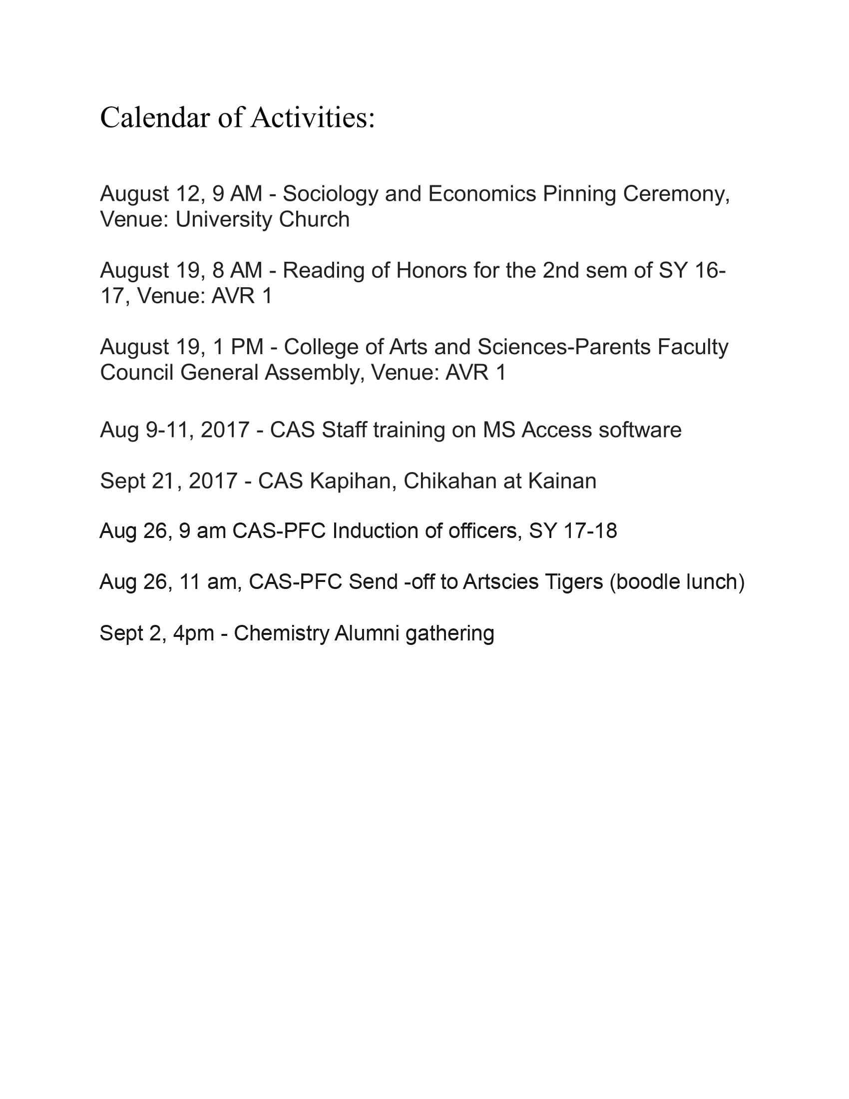 CAS Calendar of Activities 20177777