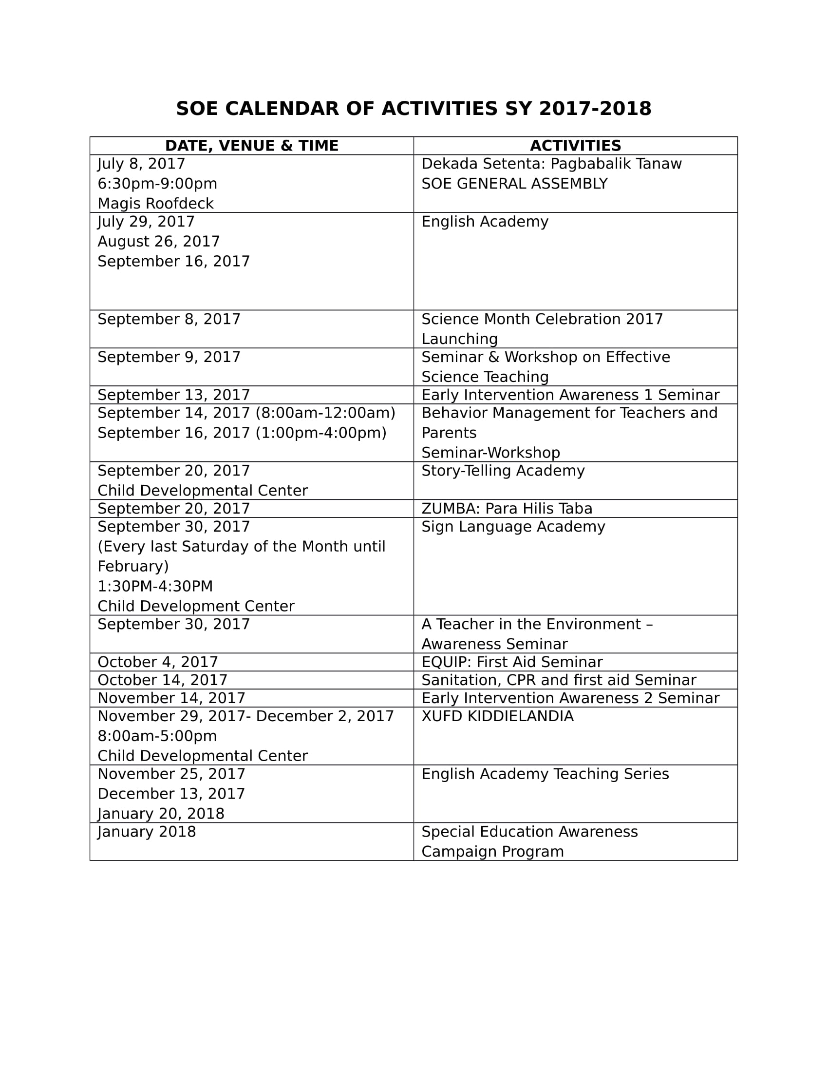 SOE CALENDAR OF ACTIVITIES SY 2016 1