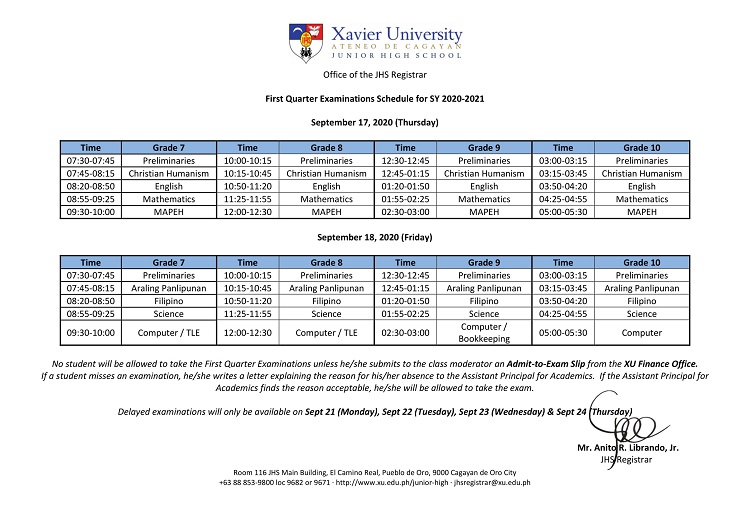 Xavier Ateneo JHS Examination Schedule 2020 21 Q1 1