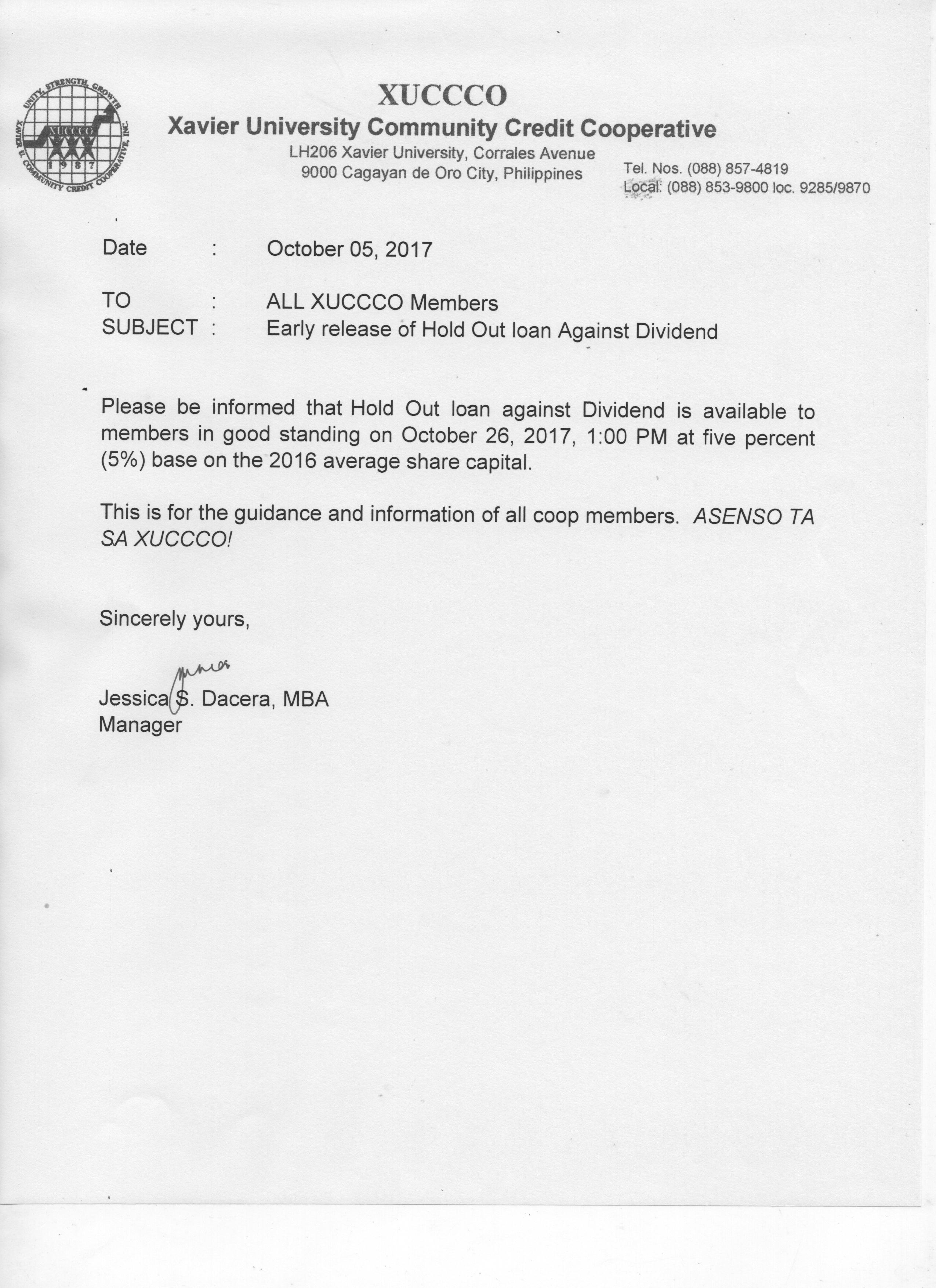 Notice Early release of Hold out 001