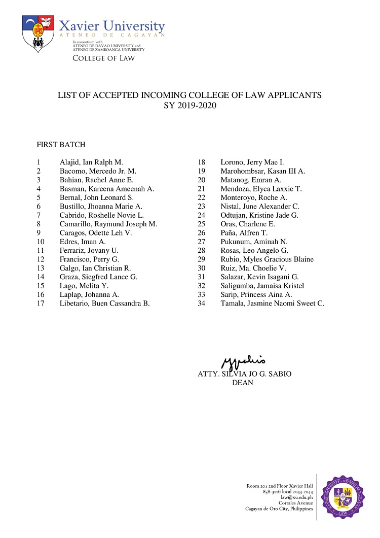 2019 2020 List of Accepted Incoming College of Law Applicants First Batch 1