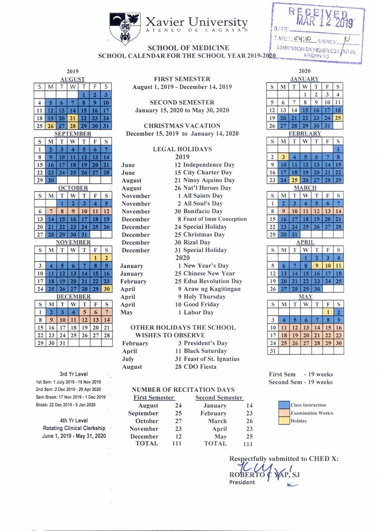 Xavier University School of Medicine School Calendar SY 20192020