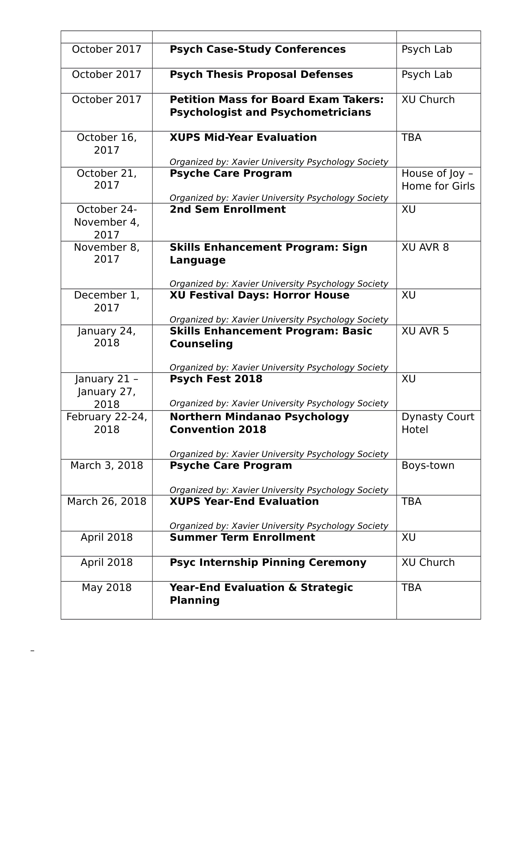 Psyc calendar of activities for XU Website SY 2017 2018 2