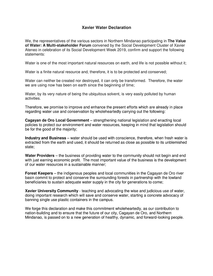 Xavier Water Declaration 1